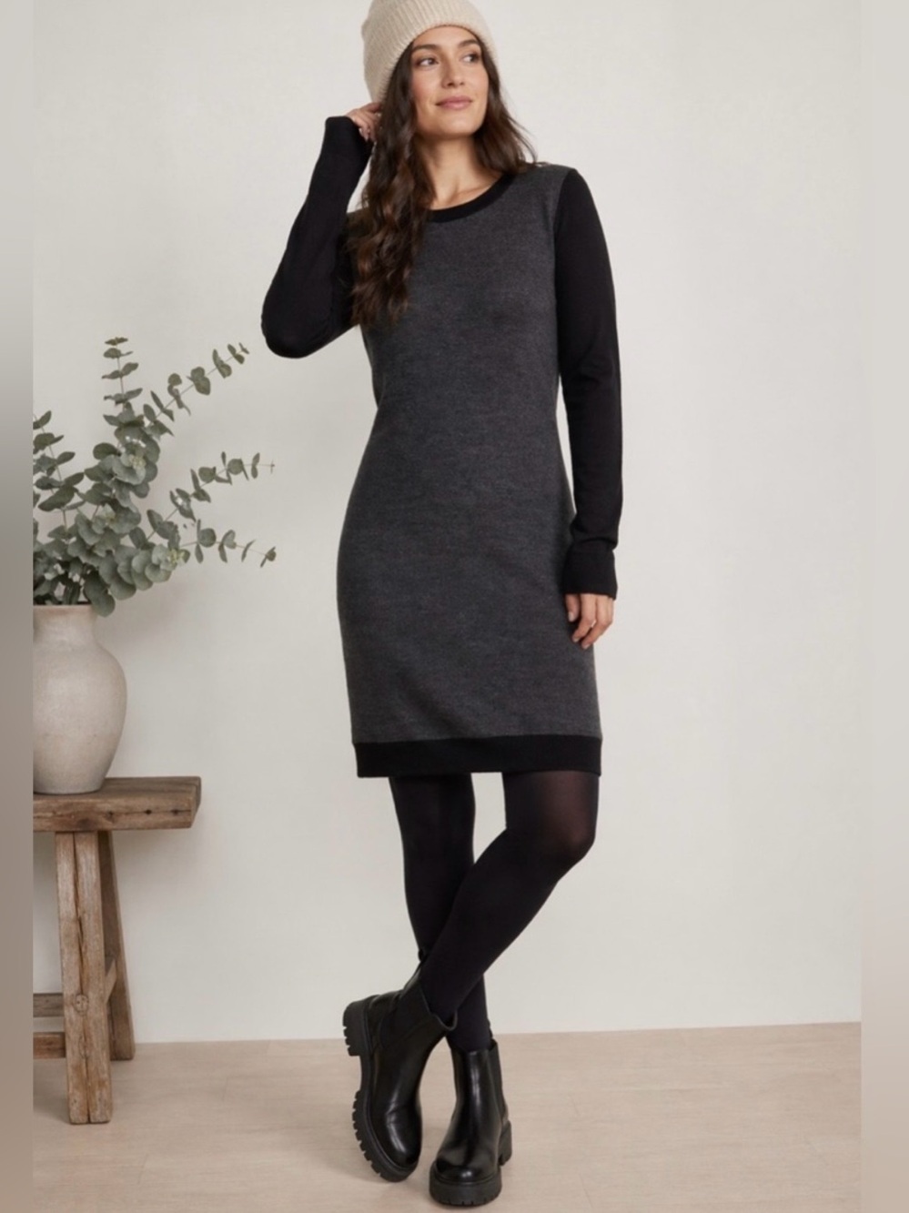 Icebreaker Meadow 100% Merino Wool Sweater Dress Gray Black Long Sleeve Small